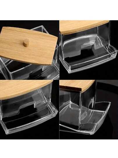 1 pieza Caja de almacenamiento de bastoncillos de algodón de plástico con tapa de madera - Portátil independiente | Almacenamiento de baño y cosméticos