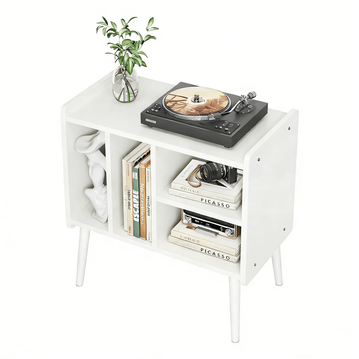 Soporte para Tocadiscos, Soporte para hasta 200 álbumes, gabinete de Vinilo clásico con estantes extraíbles, Mesa de Reproductor de Discos con Altura Ajustable para Sala de Estar, recámara - Blanco - Ver 1