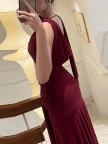 Elegant Long Cocktail Dress, Knot Design Flared Dress Dress, Suitable For Ladies Attending Parties Wedding Party - Burgundy - View 4