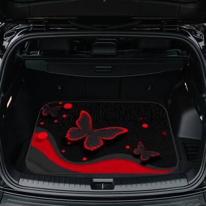 1 pieza Alfombra de maletero de coche con patrón de mariposa negro y rojo | Almohadilla de área de carga de poliéster o forro de maletero, adecuado para SUV, sedán o camioneta, accesorio decorativo, ideal para regalos festivos y viajes familiares | Ajuste universal, fácil de limpiar Alfombra de viaje diario