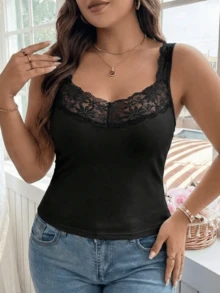 2pcs Plus Size Lace Camisole Vest, Breathable Solid Color Tops For Women, Fashionable Elegant Sleeveless Fitted Camisole Vest, Sexy Camisole Tops For All Seasons - Multicolor - View 6