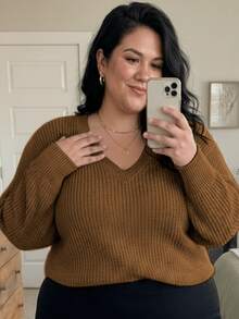 Women's Plus Size Knit Blouse With V-Neck, Long Sleeve, Basic Winter/Cold Weather, Casual Knit - Lạc đà - Xem 1