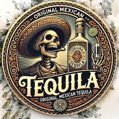 1pc Vintage Tequila Metal Wall Art Sign - 8x8 Inch Iron Decor, Skull And Sombrero Design, Durable And Easy To Hang, Suitable For Bedroom, Kitchen, Bar, Office - Unique Home Decor Gift, Kitchen Decor | Retro Tequila Theme | Sturdy Metal, Pre-Drilled Holes, Style As Shown In Size Image