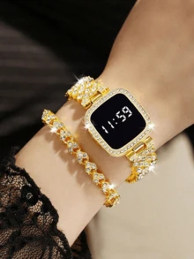 2 件/套时尚高品质青少年水钻方形表盘石英表，配钢带 + 水钻手链，适合生日、周年纪念、圣诞节和其他节日礼物 - 金色 - 查看 3