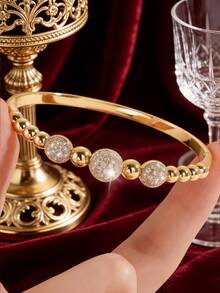 1pc 18K Gold Plated Copper Zirconia Bracelet (Women's Style), Elegant Gold-Trimmed Rhinestone Bracelet, Luxurious Eye-Catching Jewelry, Suitable For Daily Wear, Party, Date, Wedding And As A Gift - Gold - View 6