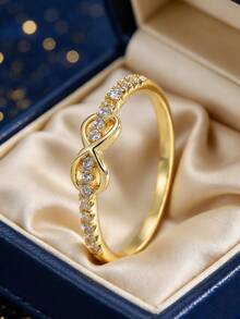 Women's Gold-Plated Zirconia Ring, Double Twist Infinity Symbol Design With Micro-Inlaid Zirconia Stones, Minimalist Elegant Style For Daily Commute/Versatile, Fashionable Birthday Gift For Trendsetters - Gold - View 1