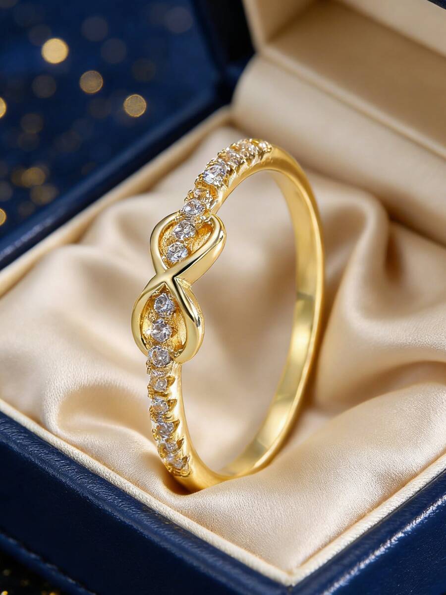 Women's Gold-Plated Zirconia Ring, Double Twist Infinity Symbol Design With Micro-Inlaid Zirconia Stones, Minimalist Elegant Style For Daily Commute/Versatile, Fashionable Birthday Gift For Trendsetters - Gold - View 1