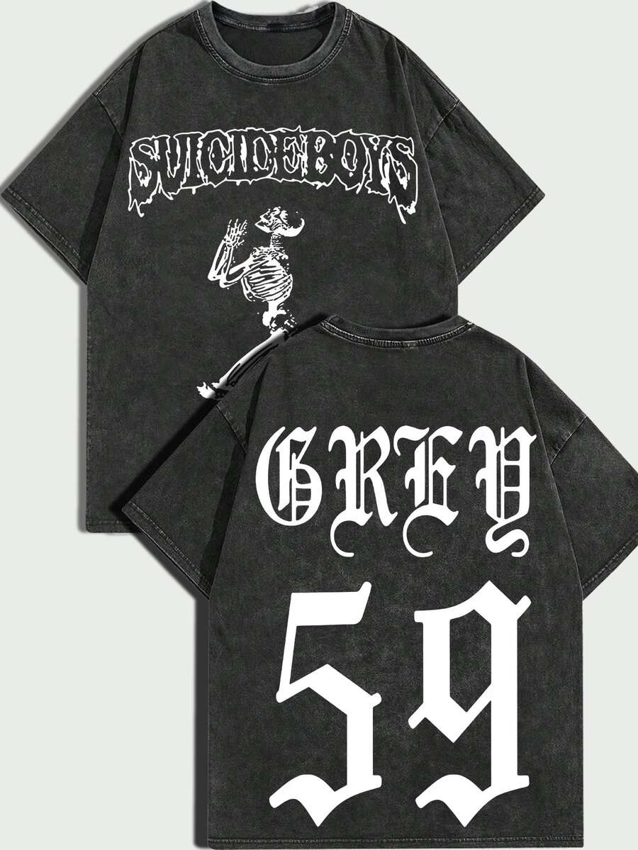 100%, Vintage Style, Religious Style UICIDE BOY, Skull "GREY 59,Y2k Gothic, Distressed Men's T-Shirt, Personalized For All Seasons, Suitable For Casual And Street Style - Đen 2 - Xem 1