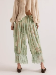 Women's Y2K Floral Devore Lace Trim Long Bloomers Elastic Mid Rise Flared Ruffle Pantaloons Pajama Bottoms - Sky Blue - View 2