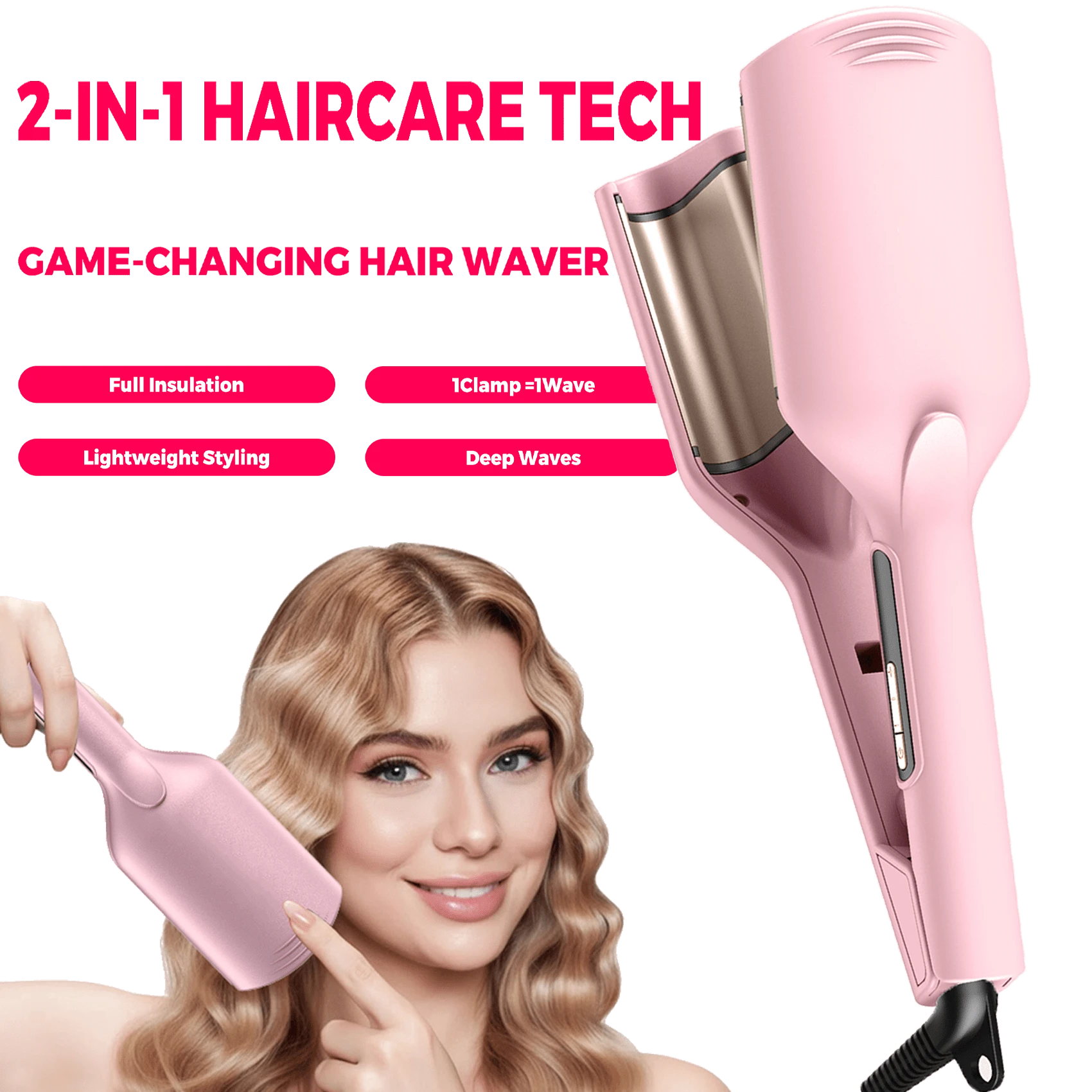 UKLISS 14-Temperature Settings (120-230°C) Mermaid Wave Curling Iron, Lightweight & Portable, Dual Voltage - Platinum