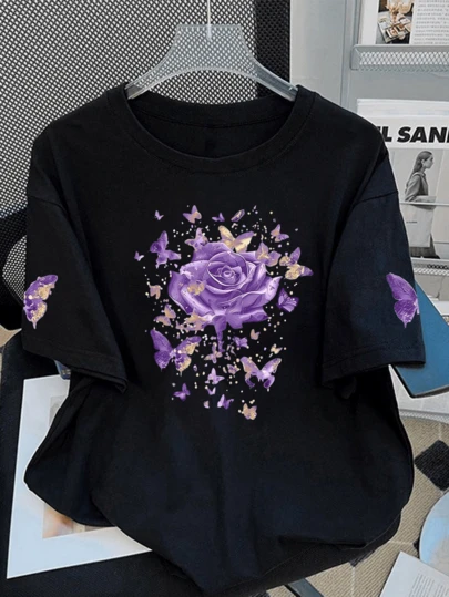 Plus Size Women's Purple Rose & Butterfly Print Round Neck T-Shirt, Suitable For Summer Vacation, Beach, Travel, Valentine's Day Casual Black