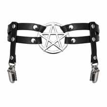 一套性感蕾丝朋克哥特风可调节大腿吊袜带腿套 - 黑色蕾丝吊袜带、铆钉猫扣大腿带、双环腿铐和星形扣腿环，女士款 - 黑色 - 查看 16