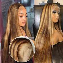 13x4 高光渐变蕾丝前额假发，高清隐形蕾丝，5*5 蕾丝前额假发，200% 密度真人混纺发，预先拔毛漂白发结，直发混纺真人发假发，女士款，28 英寸 #4/27 预拔毛高清蕾丝前额假发，带婴儿发。 - S4/27 - 查看 5