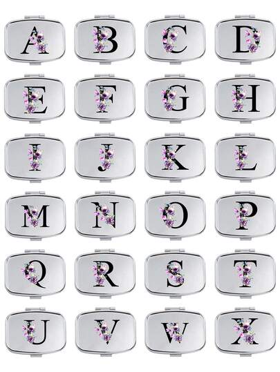 便携式方形药盒，A-Z字母设计，饰以紫色花朵，迷你金属收纳盒带镜子，便携式珠宝药盒，个性化创意礼物，适合旅行、户外活动，可放入包包或口袋，可用作婚礼礼物、礼品和接待装饰，独特设计的装饰旅行收纳盒，母亲节礼物，送给朋友的礼物，护士礼物