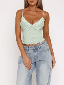 Women's Y2K Mesh Lace Cami Top Spaghetti Strap Low Cut V Neck Lettuce Hem Backless Slim Fit Going Out Vest Top - 綠色 - 查看 3