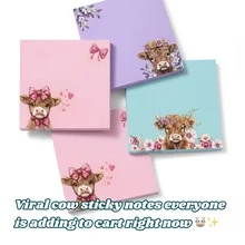 3Pads 高地牛图案便利贴，共150张，粉色、蓝色、紫色花卉动物图案便签纸，强力粘性提醒便签，创意办公桌装饰，趣味学习用品 - 彩色 - 查看 1