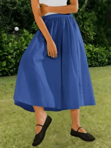 Womens Boho High Waist A-Line Midi Skirt Casual Flowy Pleated Swing Long Skirt With Pockets Summer Fashion Outfit - 藍色 - 查看 4
