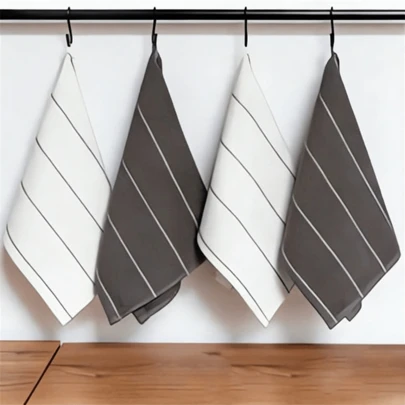 4件套棉质条纹厨房抹布套装，易于清洁，带挂钩，格子图案