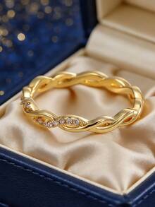 Women's Gold-Plated Zirconia Ring, Twisted Braided Ring Band With Micro-Inlaid Zirconia Accents, Minimalist Elegant Style For Daily Wear, Versatile Design, Great Birthday Gift For Fashion Enthusiasts - Gold - View 3