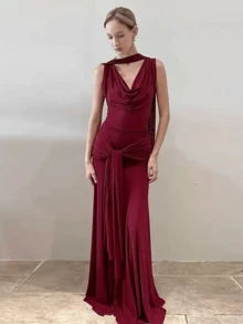 Elegant Long Cocktail Dress, Knot Design Flared Dress Dress, Suitable For Ladies Attending Parties Wedding Party - Burgundy - View 3
