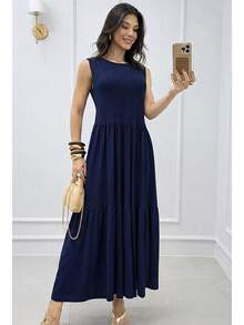Women's Lia Babado Dress Slim And Plus Size 2 Marias Long Viscolycra Mesh Light And Loose Comfort Winter And Summer - 藏蓝色 - 查看 3