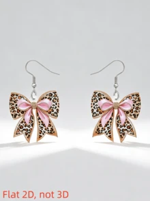 2pcs Acrylic Flat Print Butterfly Pendant Earrings, Pink Leopard Patchwork, Fashionable Lightweight, Stainless Steel Earring Hooks, No Plating, Elegant Gift, Suitable For Daily And Party Wear, All Seasons - Bow - View 6