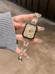 Gold Butterfly Metal Band, Compatible With 38/40/41/42/44/45/46/49mm Dial, Compatible With Apple Watch Ultra/S10/9/8/7/6/5/4/3/2/1 - Golden White Flower - View 19