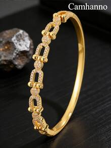Camhanno 1 Pc - Premium-Looking Copper Bangle With Zirconia Inlay, Combining Texture And Smooth Bangle Body, The Link Design Has Its Own Unique Style, And It Looks Great When Layered For Everyday Wear. - Gold - View 7