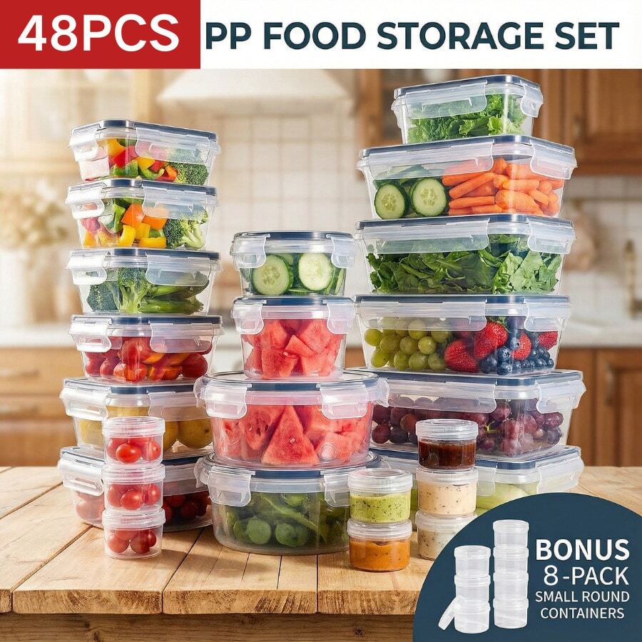 Refrigerator Storage Box, Fruit Fresh-Keeping Container, Large Capacity Container, Airtight & Leak-Proof, Freezer , Microwave , Heat Resistant Up To 120°C Without Deformation - Bộ sản phẩm cao cấp 48 món - Xem 1