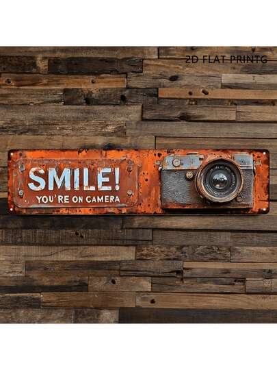 2D Flat Vintage Metal Sign "Smile! You're On Camera" - 40cm X 10cm, Rustic Aluminum Wall Art Camera Design, UV High Definition Printing, Suitable For Home, Bedroom, Office, Cafe, Bar Or Holiday Decor, Indoor/Outdoor Use, Easy To Hang, Durable Metal Wall