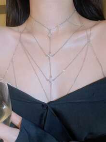 优雅银色锆石几何多层性感身体链，高端简约小众优雅全身比基尼锁骨链 - 銀色 - 查看 9