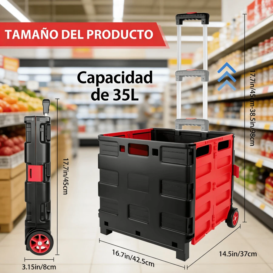 Foldable Shopping Trolley With A Telescopic Aluminum Alloy Handle, A Sturdy Polypropylene Carrying Bag, And Quiet Wheels. This Foldable Trolley Is Ideal For Weekly Shopping, Picnics, Camping Trips, And Storing Items. - 紅色 - 查看 1