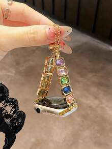 1pc Women's Colorful Gemstone & Rhinestone Bracelet Band, Metal Strap Fits 38/40/41/42/44/45/46/49mm, Compatible With Apple Watch Ultra/SE/Series 10/9/8/7/6/5/4/3/2/1 Bands - Gold Color Adjustable - View 2