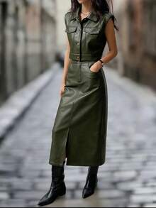 两件套时尚通勤风PU皮背心和半裙套装，时尚显年轻，女士春秋新款穿搭 - 軍綠色 - 查看 2