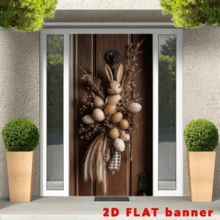 1 pieza Bandera de puerta 2D Conejito de Pascua rústico y corona de huevos para colgar sobre la puerta, decoración de pared festiva de poliéster 2D, sin electricidad requerida, decoración de puerta de estilo granja para Navidad y temporada de invierno - A - Ver 2