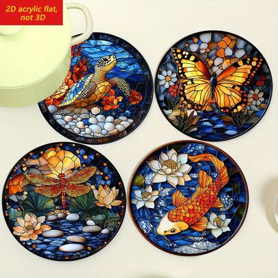 Bộ 4 đế lót ly tròn bằng acrylic phong cách Bohemian, in hình 2D phẳng hình rùa, bướm, chuồn chuồn và cá chép Koi, thích hợp cho nhà bếp, phòng ăn, quán cà phê, có khả năng cách nhiệt và chống trượt.
