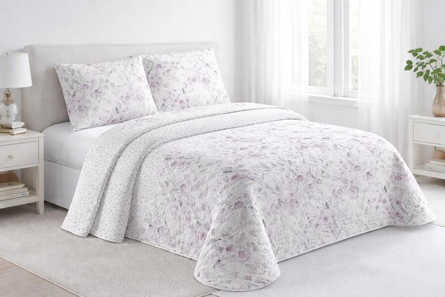 Kynley 夏季及換季床罩，100% 聚酯材質，輕薄柔軟，白色，搭配 45x70 公分枕套 - Flores Morado - 查看 1