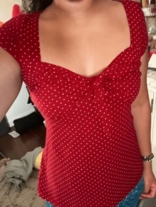 Women Polka Dot Babydoll Shirt Top Bowknot Front Short Sleeve Square Neck Fairy Grunge T Shirts Teen Girl Slim Fit Cute Tee Peplum Tops Summer 2000s Vinatge Aesthetic Clothes Streetwear - 紅色 - 查看 2