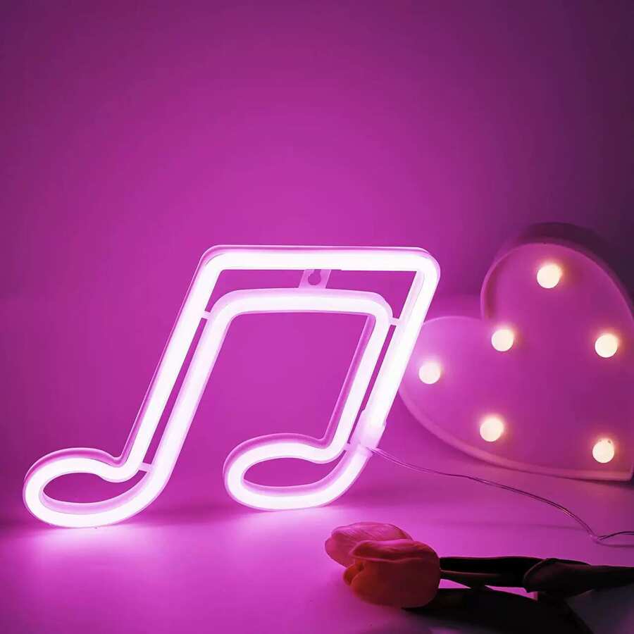Luminária de LED neon rosa em formato de nota musical, com dupla alimentação (bateria/USB), iluminação suave, tamanho 17 x 14 cm, ideal para quarto de menina, dormitório, presente de Dia dos Namorados e decoração de festas. - Branco - Ver 1