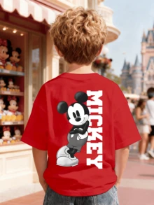 Disney Letter Mickey Double-Sided Print, Summer Boys' Casual Cotton Round Neck Short Sleeved Top, Suitable For Daily Wear, Travel And Sports, Comfortable And Breathable, Fashionable And Multifunctional, Is The Perfect Gift For Children. - 紅色 - 查看 3