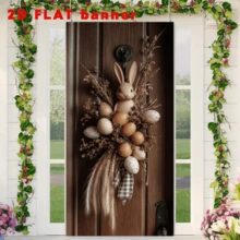 1 pieza Bandera de puerta 2D Conejito de Pascua rústico y corona de huevos para colgar sobre la puerta, decoración de pared festiva de poliéster 2D, sin electricidad requerida, decoración de puerta de estilo granja para Navidad y temporada de invierno - A - Ver 6