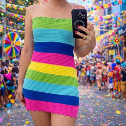 Vestido Virginia Carnaval Tricot Estilo Crochê Colorido Tomara que Caia Verão