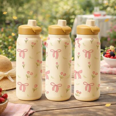 mikenda 1 Pc 28oz/36oz Floral Bow Insulated Water Bottle With Flip Lid, Cute Aesthetic Design, Large Capacity Stainless Steel Vacuum Bottle, Perfect Gift For Mother's Day, Valentine's Day & Daily Use