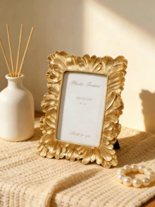 1pc Large Petal-Shaped Resin Photo Frame Stand, Vintage Style Resin Frame, Decorated With Succulents And Golden Palm Leaf Texture, Elegant Retro Design, Suitable For Wall And Tabletop Display - Multicolor - View 7