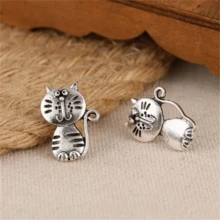 1对复古可爱猫咪耳钉，时尚派对首饰，女士礼物 - 復古銀色 - 查看 6