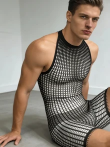 Men's Underwear Bodysuit Boxer Briefs Erotic Fun Knitted Sheer See-Through Stretchy Bodysuit - Black - View 1