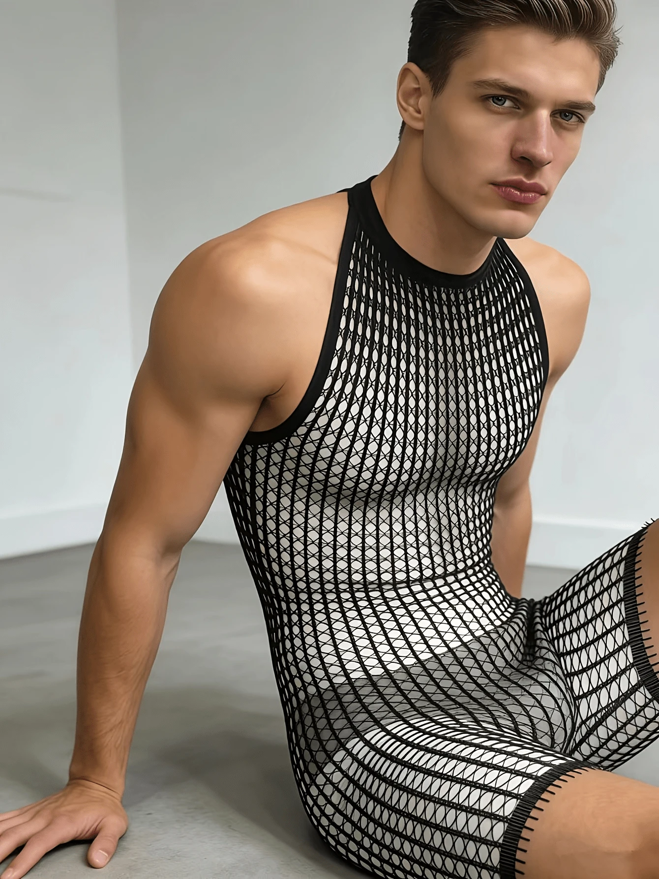 Men's Underwear Bodysuit Boxer Briefs Erotic Fun Knitted Sheer See-Through Stretchy Bodysuit - Black - View 1