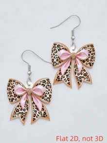 2pcs Acrylic Flat Print Butterfly Pendant Earrings, Pink Leopard Patchwork, Fashionable Lightweight, Stainless Steel Earring Hooks, No Plating, Elegant Gift, Suitable For Daily And Party Wear, All Seasons - Bow - View 3