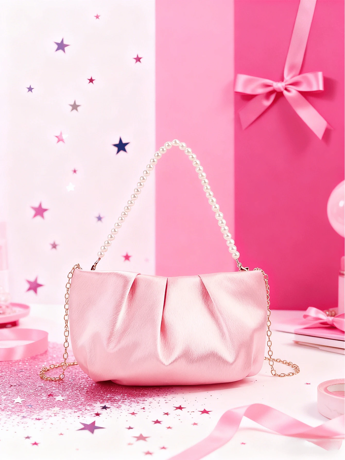 1pc Girl's Fashionable Floral Ruffle Cloud Pearl Handbag, Elegant Evening Bag, Unique Design Chain Shoulder Crossbody Bag - Pink - View 1