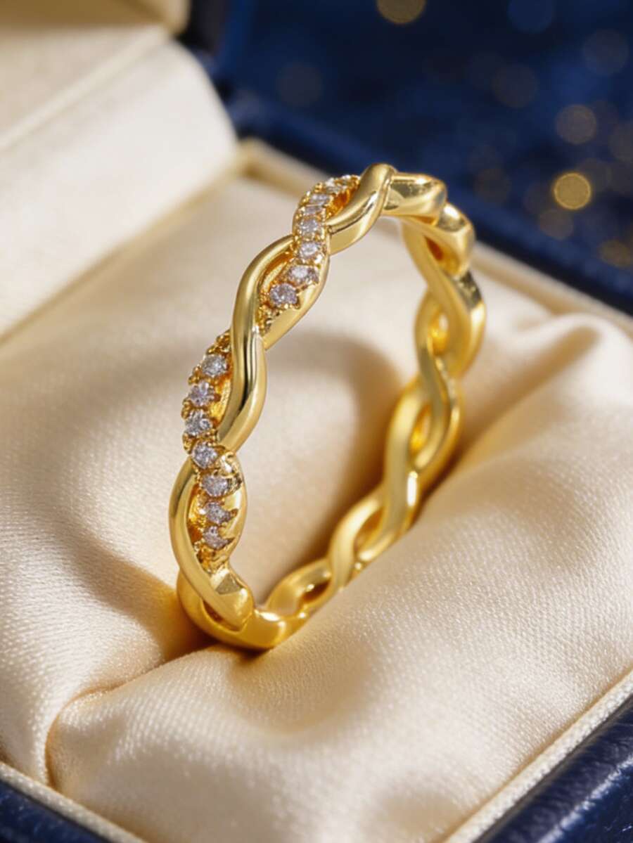 Women's Gold-Plated Zirconia Ring, Twisted Braided Ring Band With Micro-Inlaid Zirconia Accents, Minimalist Elegant Style For Daily Wear, Versatile Design, Great Birthday Gift For Fashion Enthusiasts - Gold - View 1